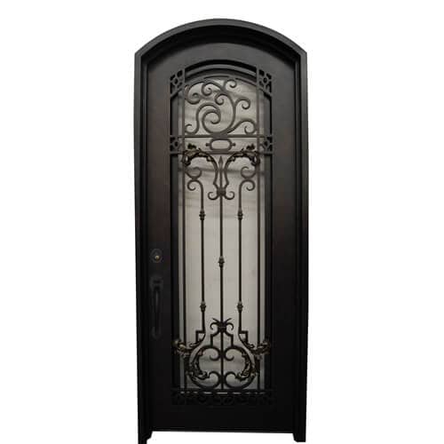 Single arched wrought iron door EL1070 with decorative scroll crown and glass, handcrafted for elegance and durability.