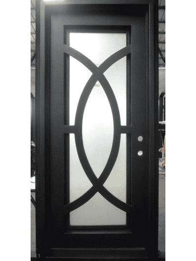 EL1992 MCD single wrought iron door with oval iron overlay and full-height insulated frosted glass panel