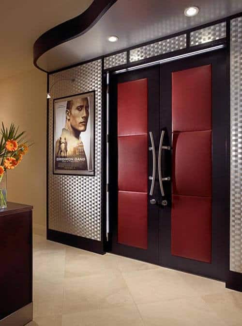 Modern double-panel red and black home theater door with stainless handles HT3004 MCD
