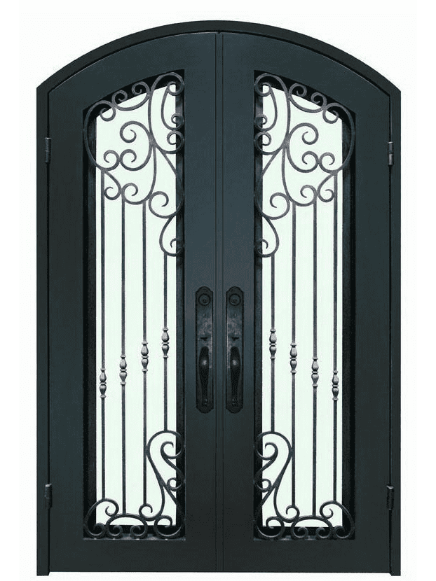 Double wrought iron door EL1120 MCD with eyebrow arch and scrollwork, hand-forged for luxury strength.