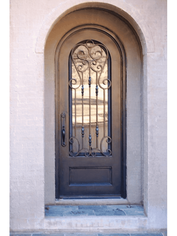 Single arched wrought iron door EL1106 MCD with scrollwork and beveled glass, hand-forged for elegance and strength.