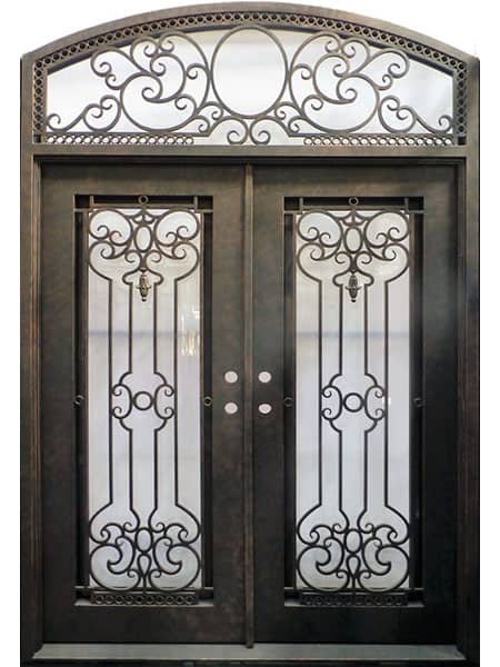 Double wrought iron door EL1112 MCD with transom, scrollwork, and mullion details, hand-forged for strength and style.