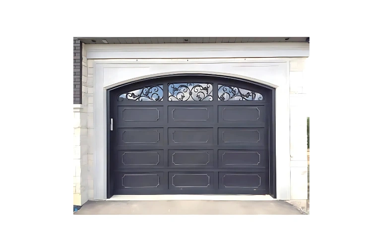 elegant wrought iron garage door GD4013 MCD with arched glass panels and decorative scrollwork by Monarch Custom Doors