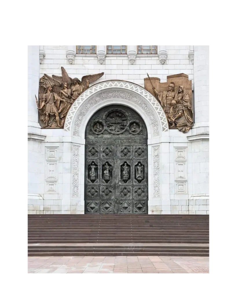 Bronze relief church door EX7001 MCD with arched frame and handcrafted detailing