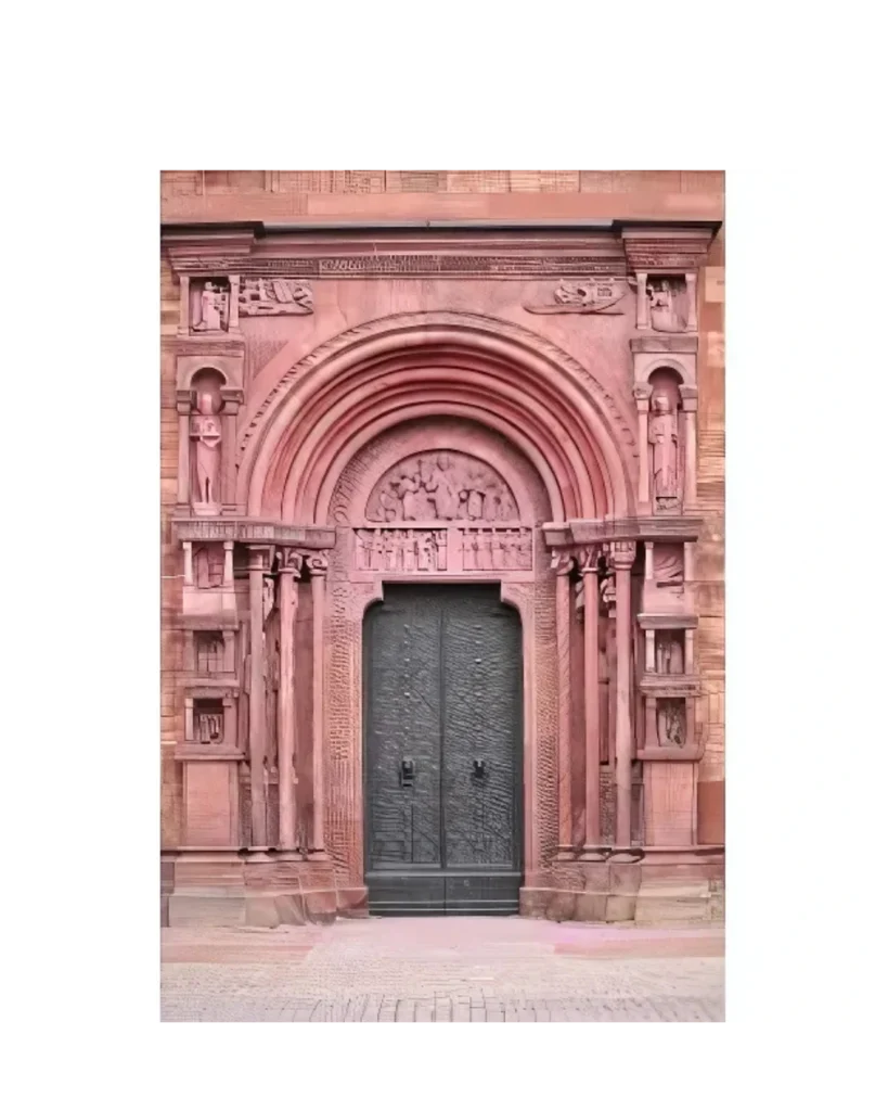 Ornate red archway metal church door EX7002 MCD with handcrafted iron detailing