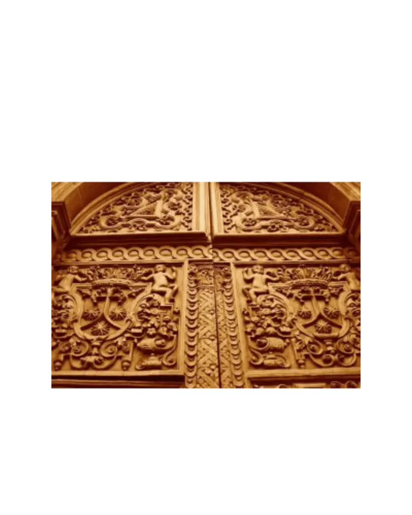 Intricately hand-carved wood church door EX7010 MCD with floral and heraldic motifs