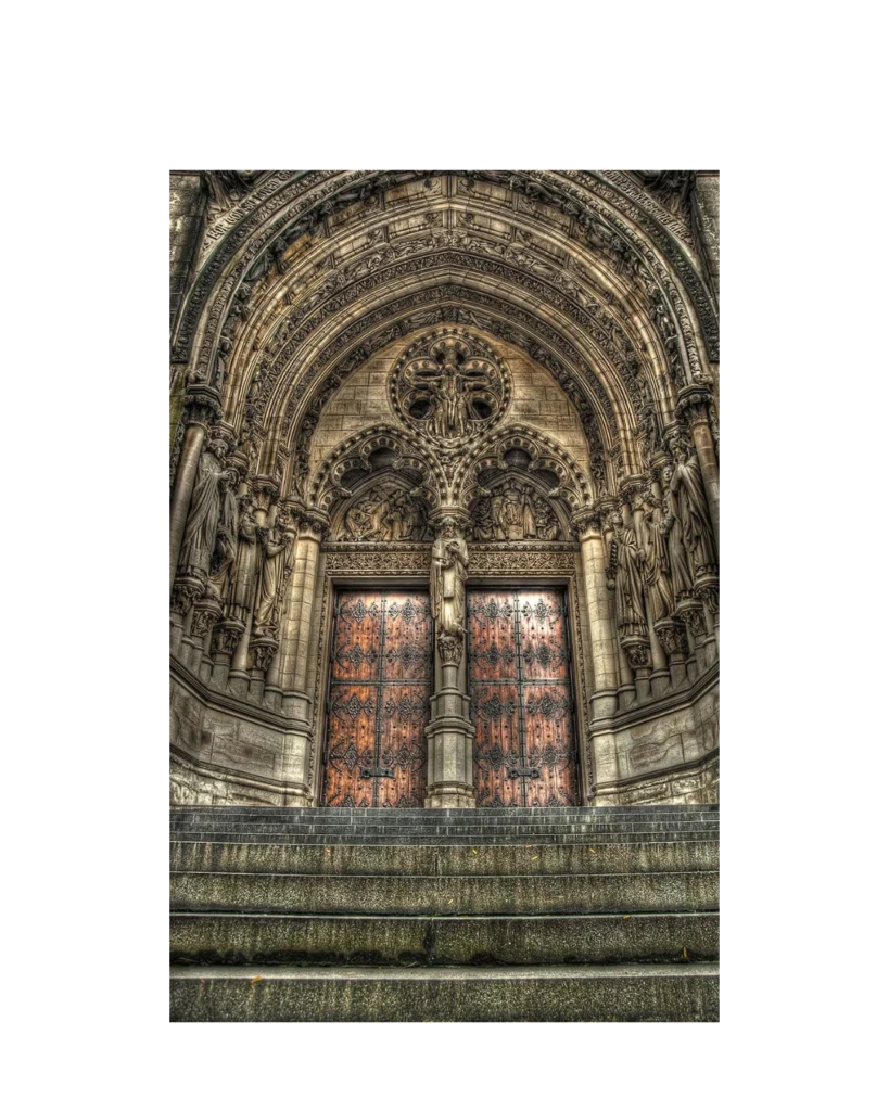 Romanesque carved arch church door EX7018 MCD with stone reliefs and tall panels