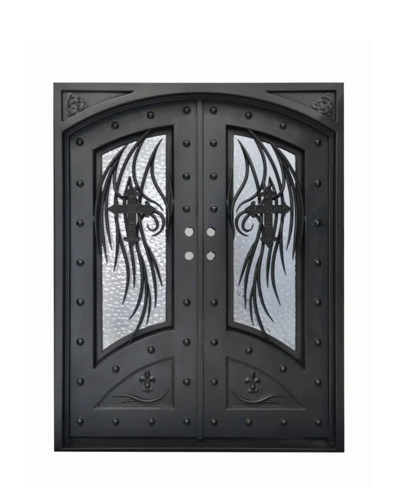 Double wrought iron church door EX7029 MCD with cross scrollwork and arched frame