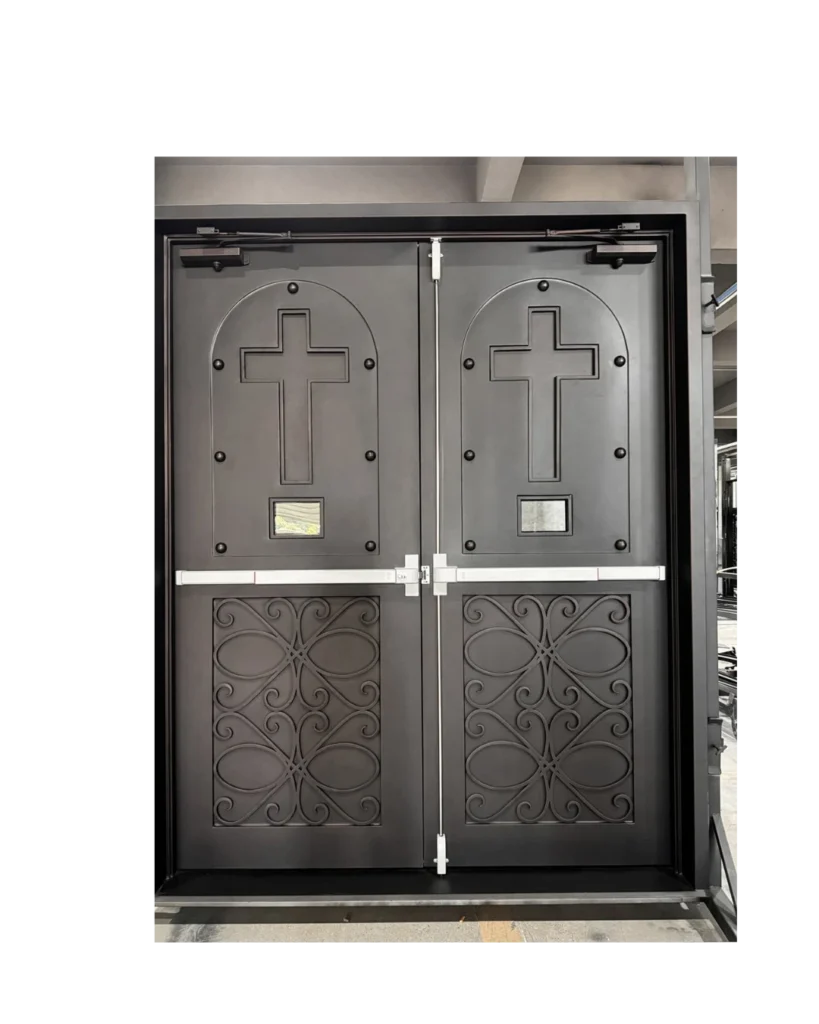 Solid wrought iron church door EX7030 MCD with large cross panels and riveted design
