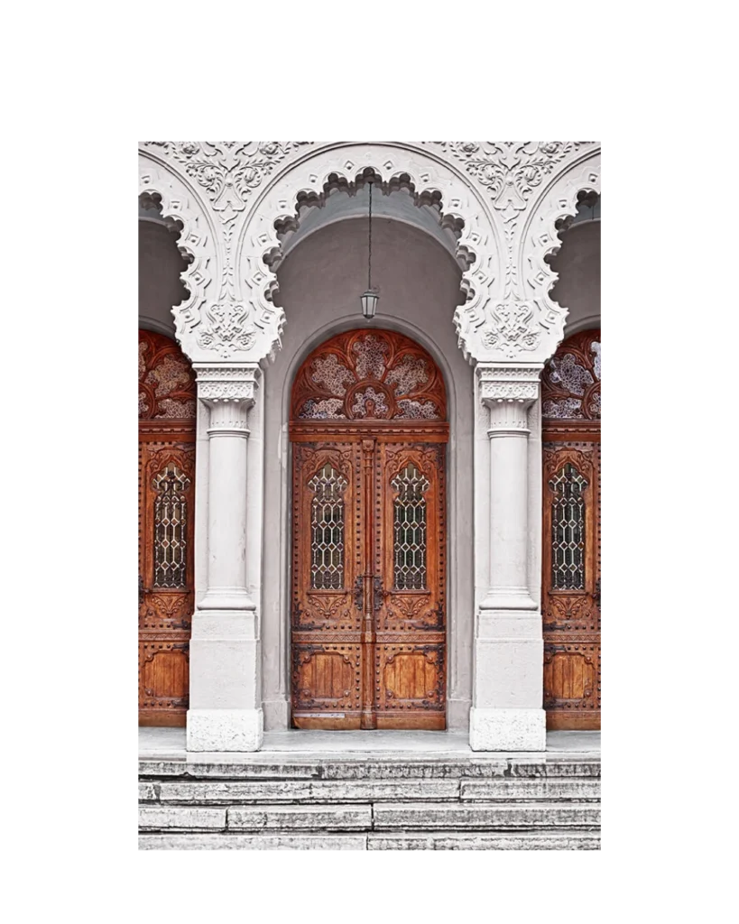 Hand-carved gothic wood church door EX7022 MCD with arched glass panels, ornate detailing, and spiritual design