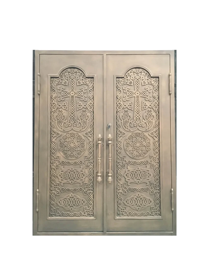 Double laser-cut metal church door EX7026 MCD with ornate cross and geometric sacred patterns EL7026 MCD