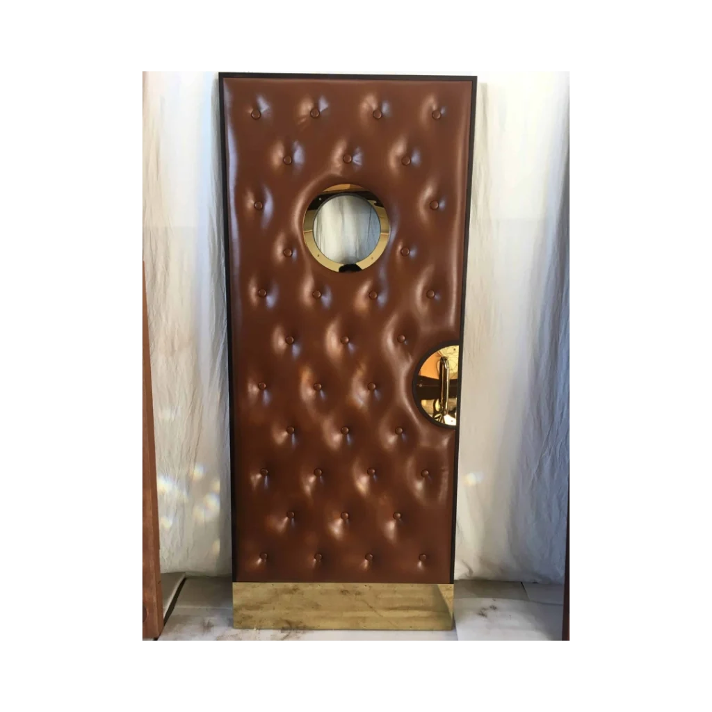 Brown leather soundproof home theater door with circular viewing window – HT3008 MCD