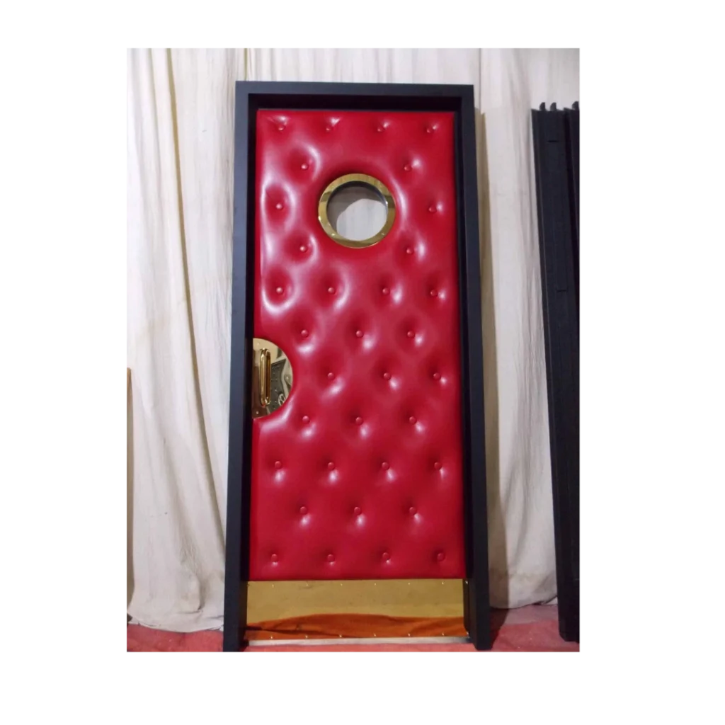 Red leather home theater door with brass porthole and tufted panels – HT3018 MCD