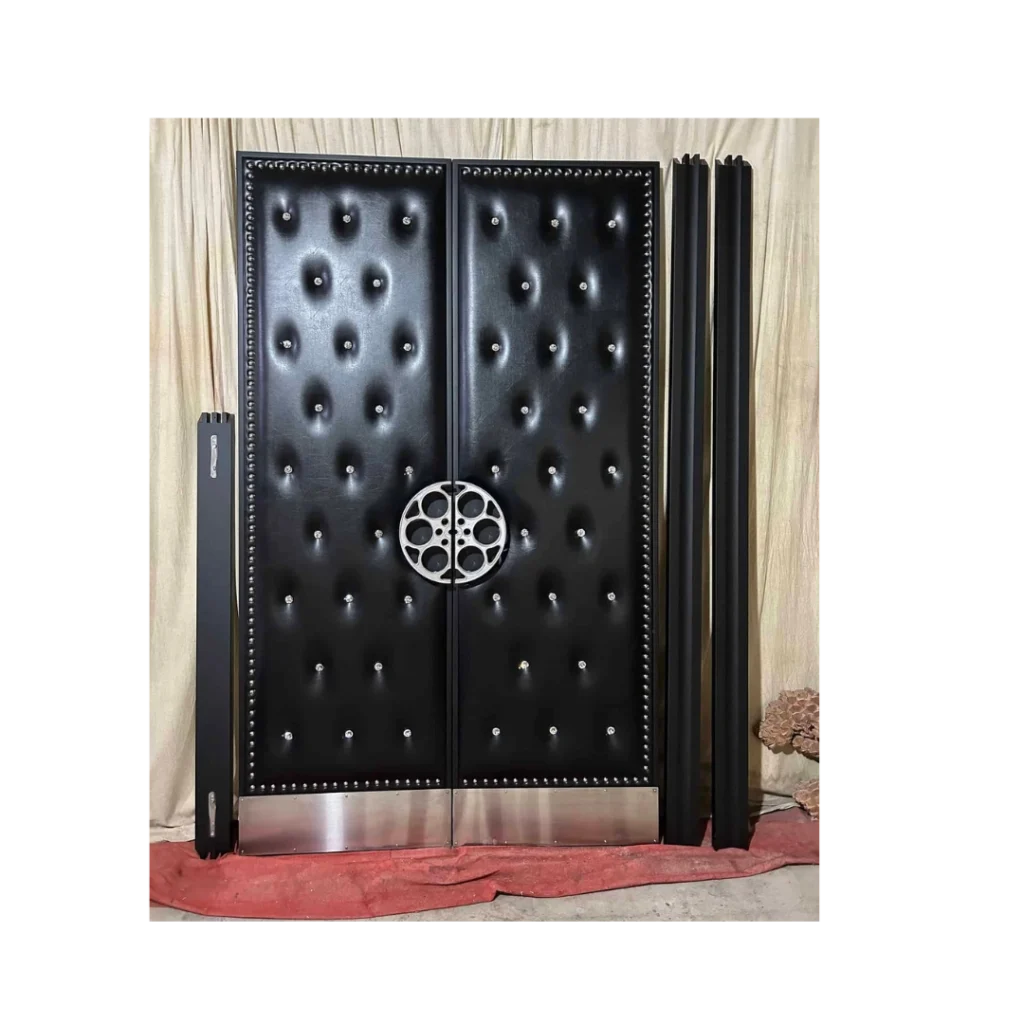 Black tufted home theater door with silver film wheel design – HT3022 MCD