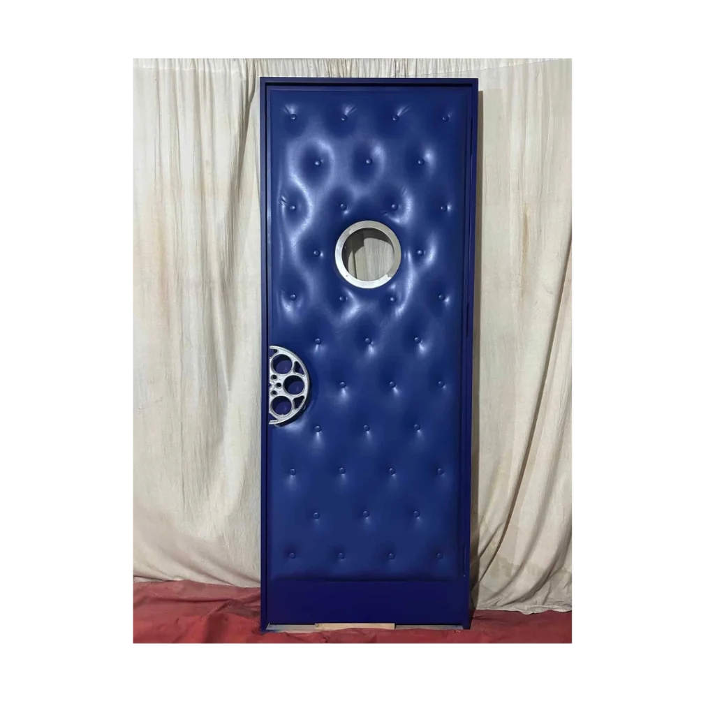 Blue tufted home theater door with brass porthole and modern silhouette – HT3027 MCD