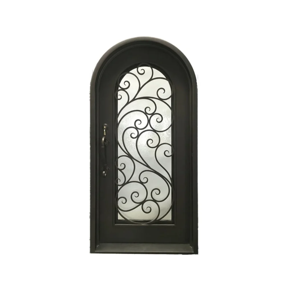 Arched single wrought iron door EL1178 MCD with flowing scrollwork and patina finish, hand-forged for elegance.