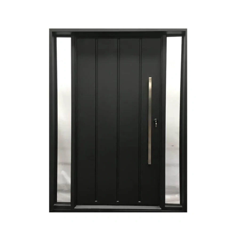 Modern pivot wrought iron door EL1179 MCD with vertical steel panels, sleek matte finish, and minimalist design.