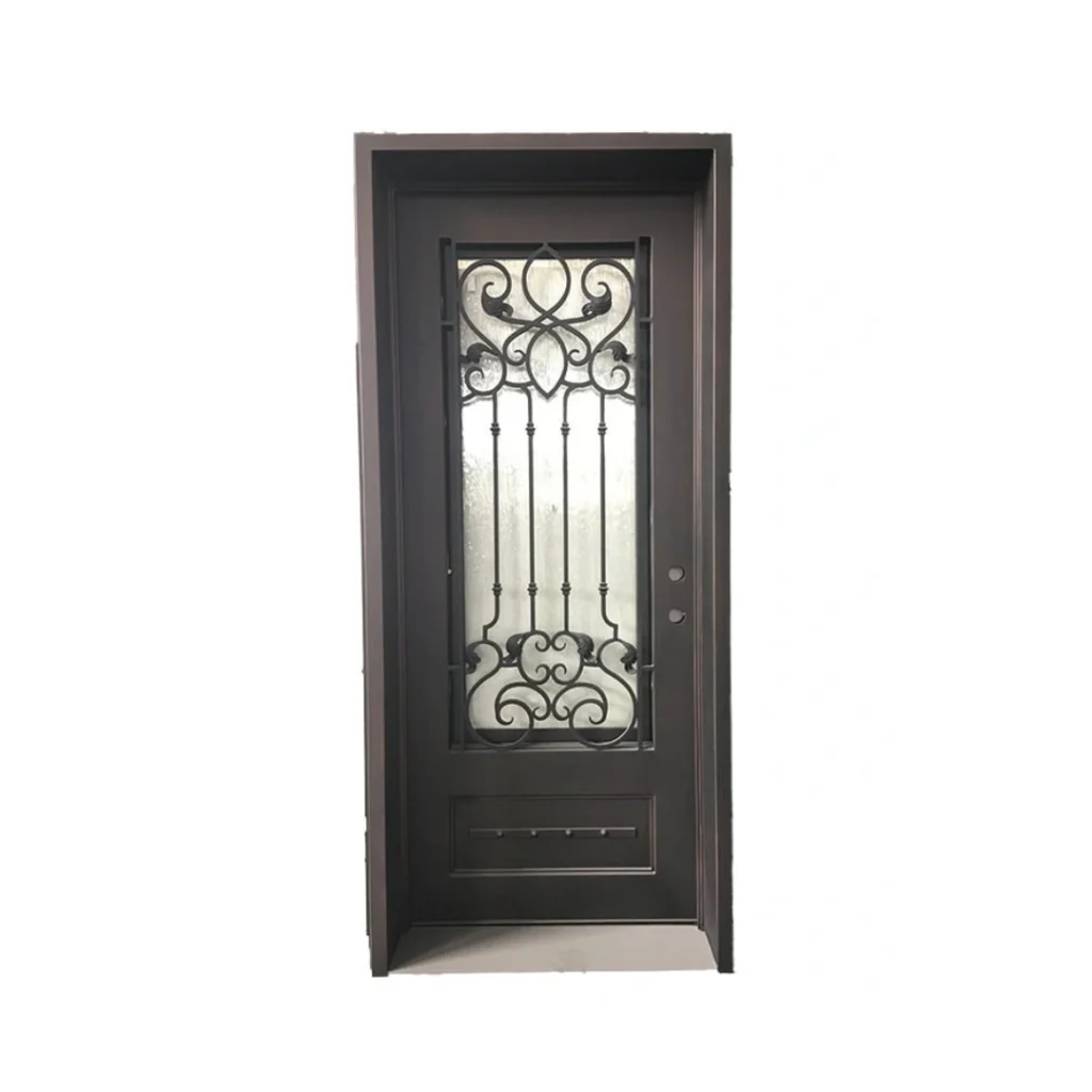 Single wrought iron door EL1188 MCD with vertical grille and scroll accents, designed for refined entryways.