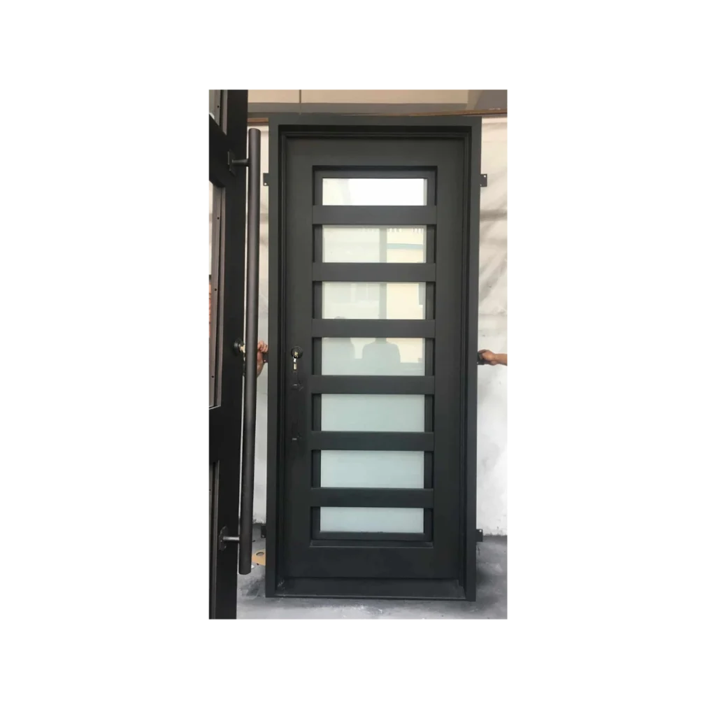 Modern single wrought iron door with horizontal frosted glass panels EL1286 MCD