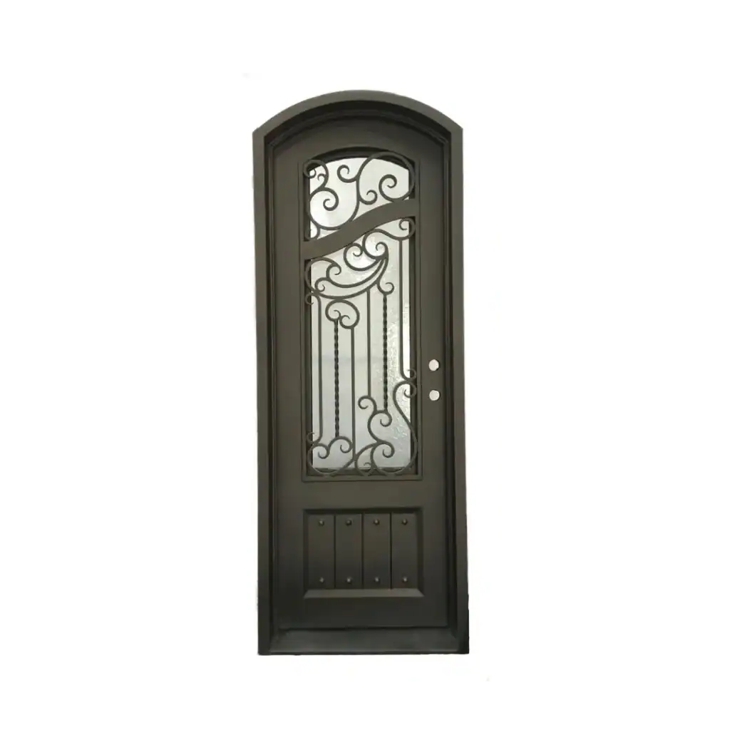 Narrow arched wrought iron single door with scroll grille EL1301 MCD
