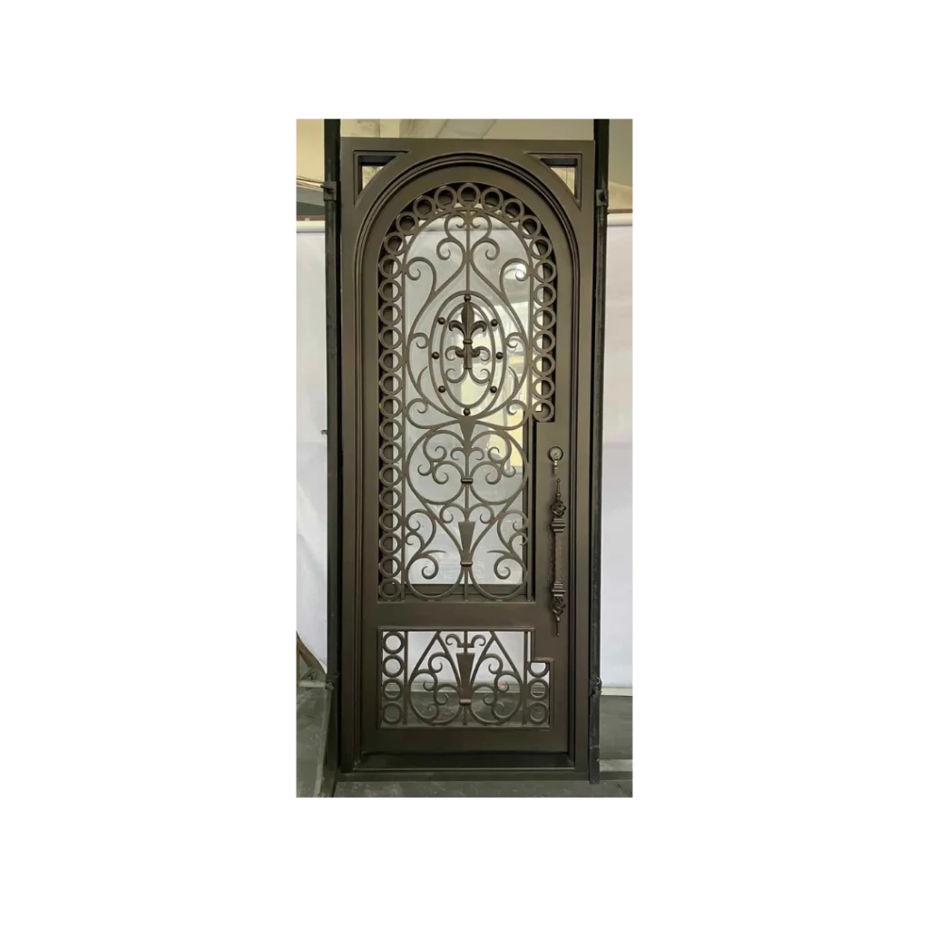 Ornate wrought iron single door with decorative scroll grille and glass panel EL1304 MCD
