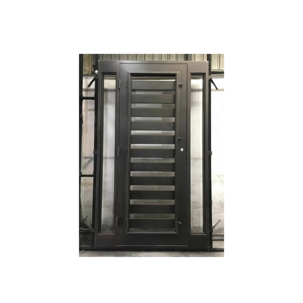 Modern wrought iron single door with horizontal frosted glass panels, EL1391 MCD