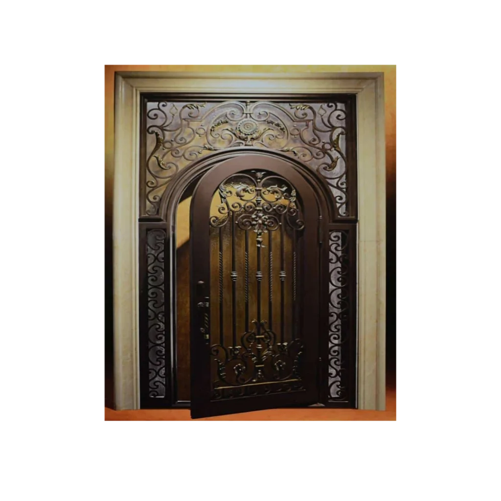 Arched wrought iron single door with decorative iron panels and scroll details, EL1396 MCD