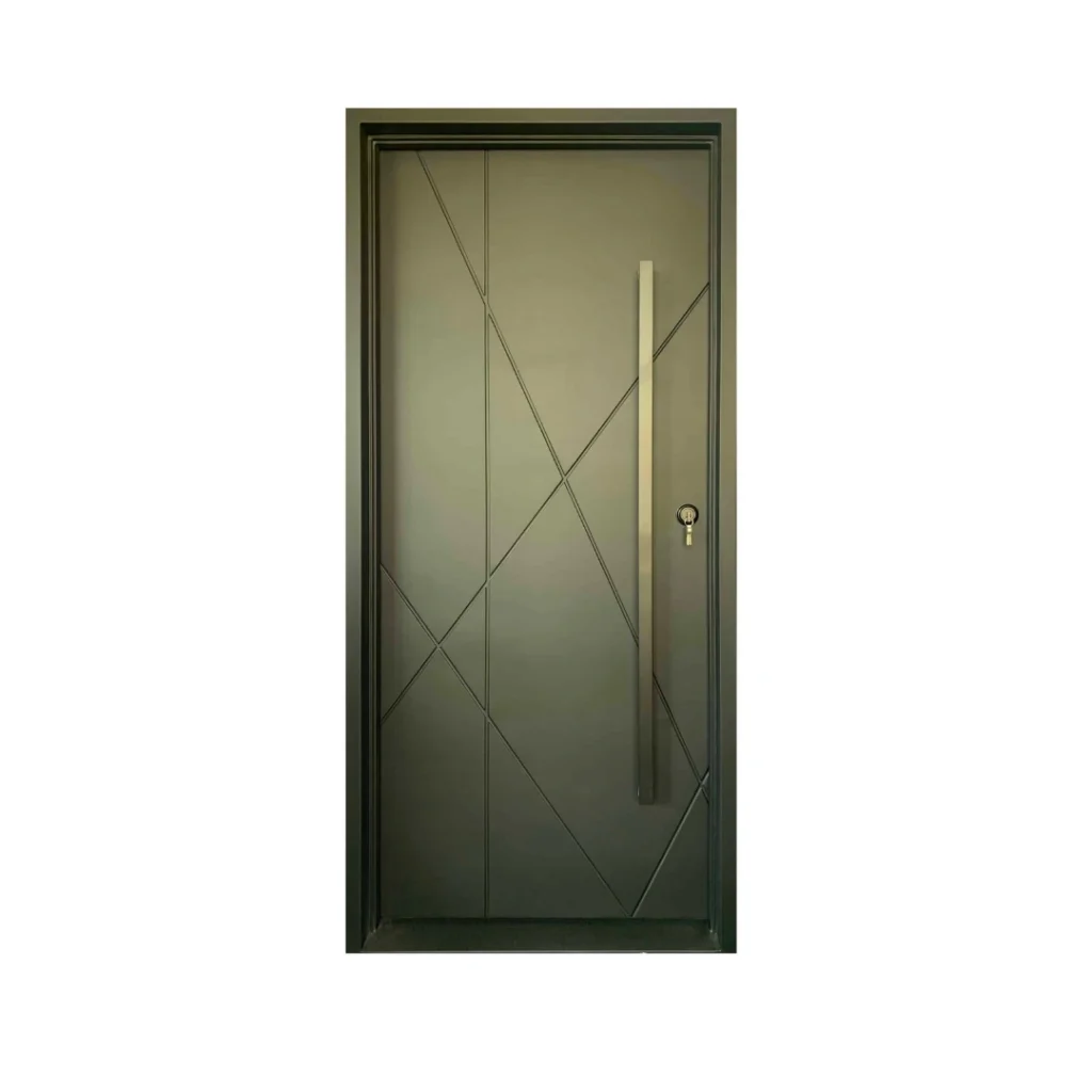 EL1584 MCD single wrought iron door with flush geometric steel panels and long vertical pull handle
