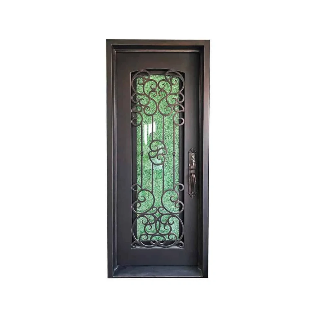 EL1597 MCD single wrought iron door with vertical scroll grille and insulated textured glass panel
