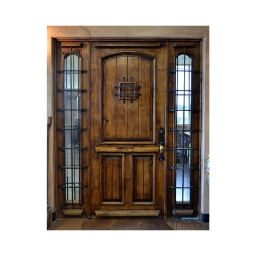 rustic wood entry door iron grille sidelights EH512 MCD