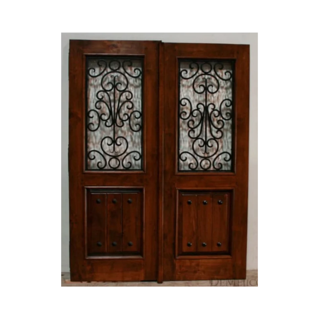 rustic wood entry door iron scroll glass EH520 MCD