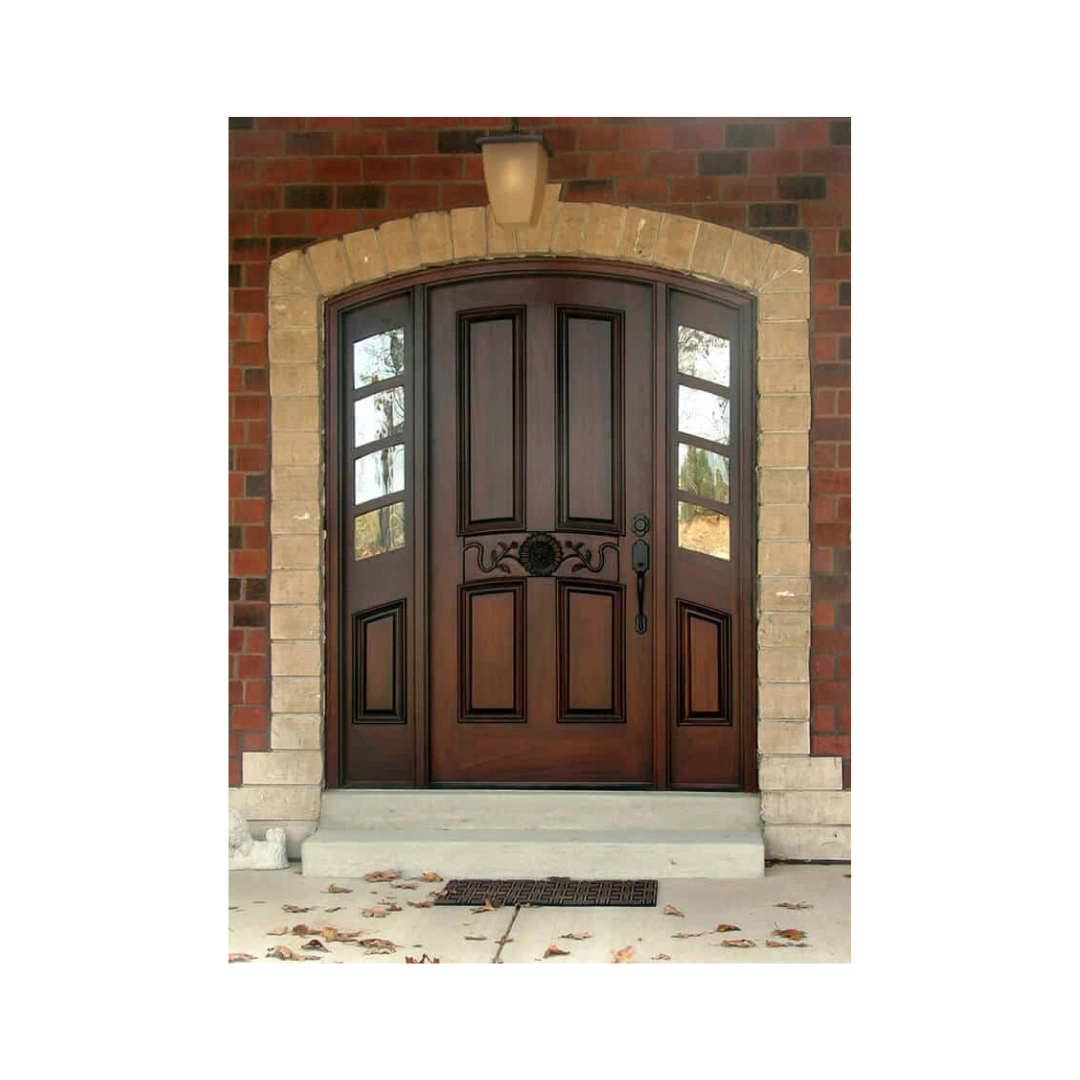 Elegant wooden front door with decorative iron accents, flanked by glass sidelights and set in a brick and stone archway entrance.