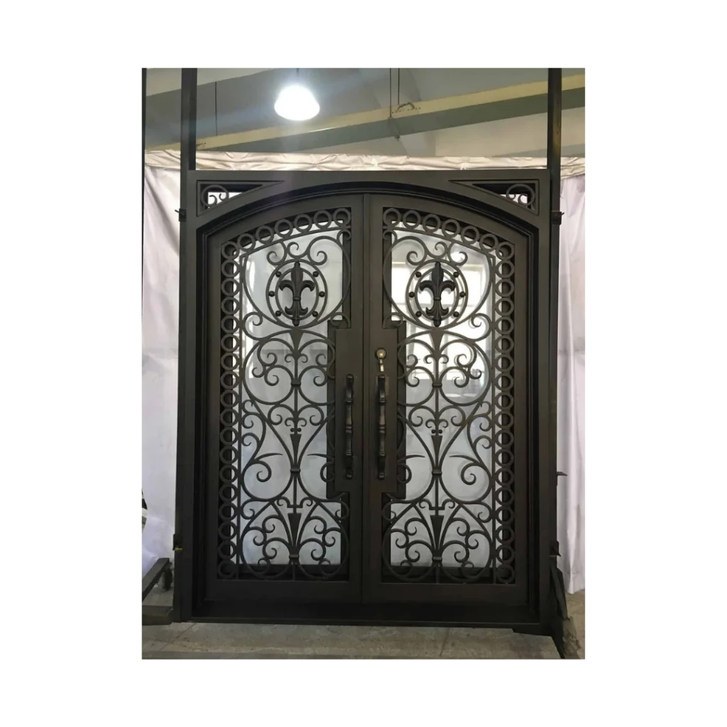 Ornate wrought iron door EL1149 MCD with scrollwork and rosettes, hand-forged for artistry and secure luxury.