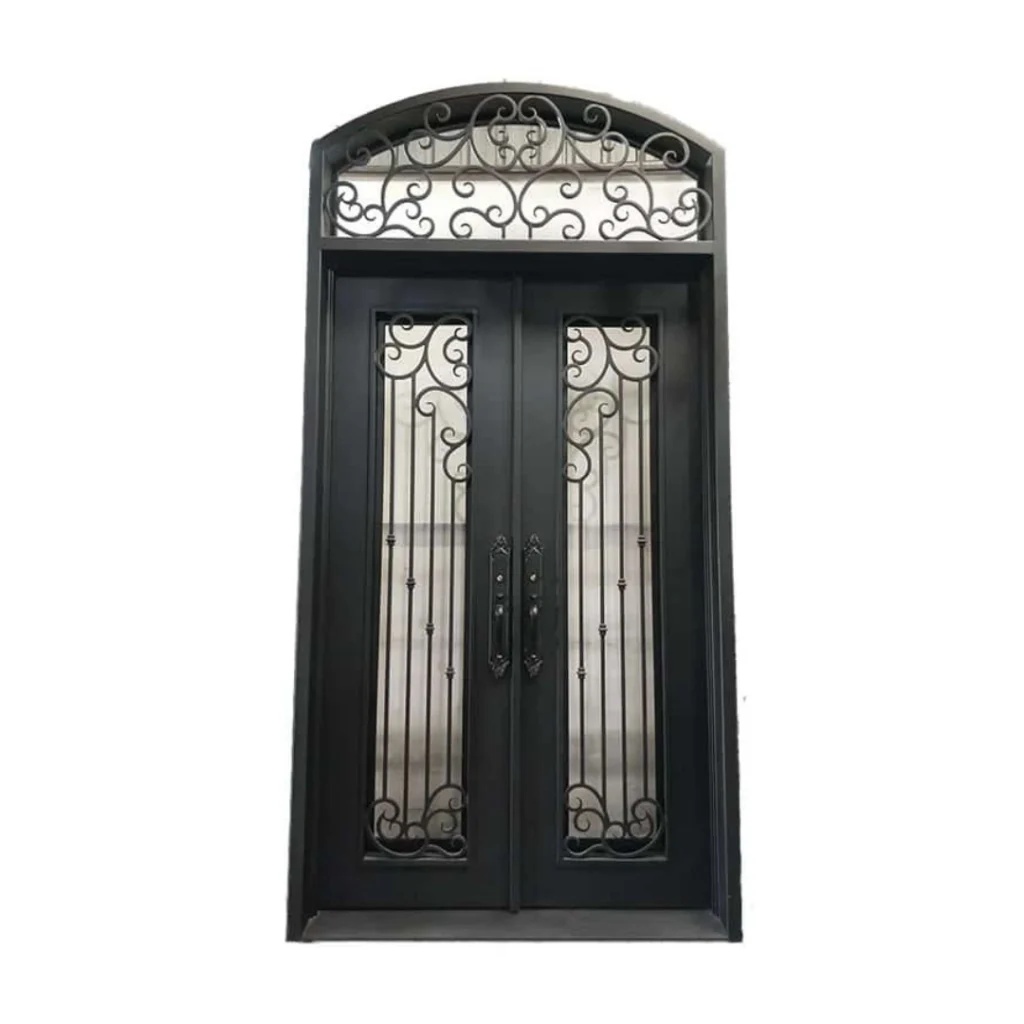 Elegant wrought iron double door EL1174 MCD with transom and scroll grille, handcrafted for classic entryways.