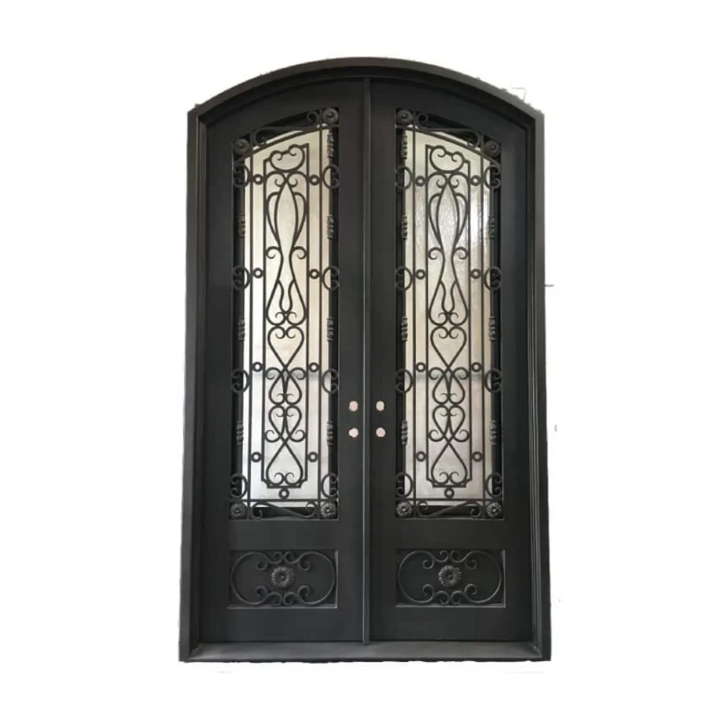 Unique indus style wrought iron door EL1177 MCD with rosettes, scrollwork, and frosted glass, hand-forged for luxury homes.