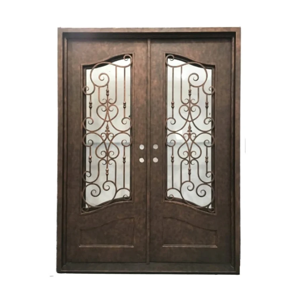 Ornate wrought iron door EL1180 MCD with wood-tone finish and scrollwork, crafted for luxury estates.