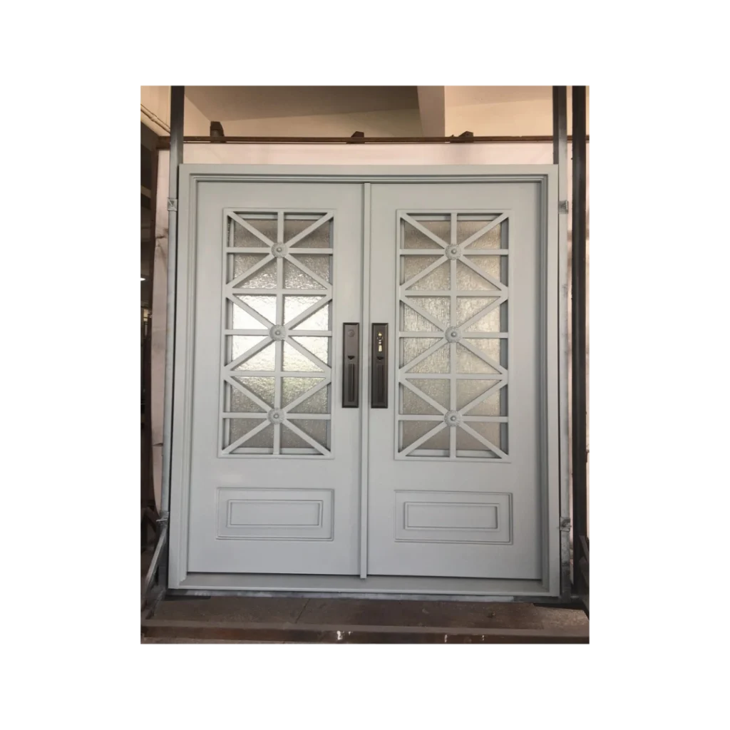 Light Gray Double Wrought Iron Door Geometric Grid EL1277 MCD