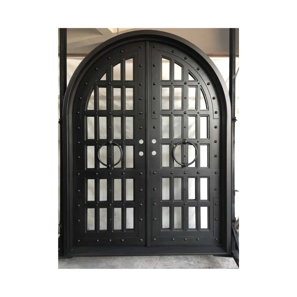 Arched double wrought iron door with rectangular grid panels EL1288 MCD