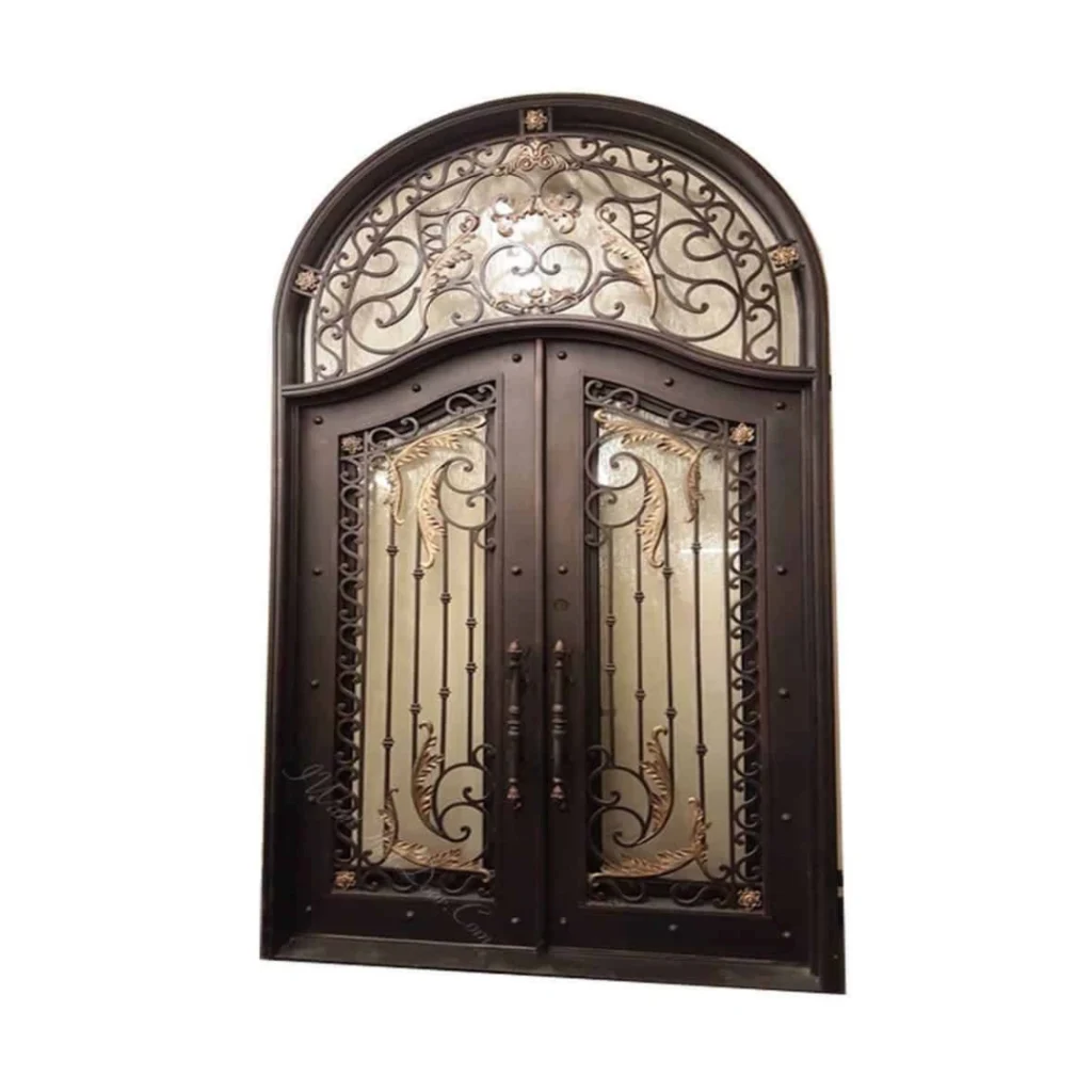 Ornate arched wrought iron double door with raised scrollwork EL1299 MCD