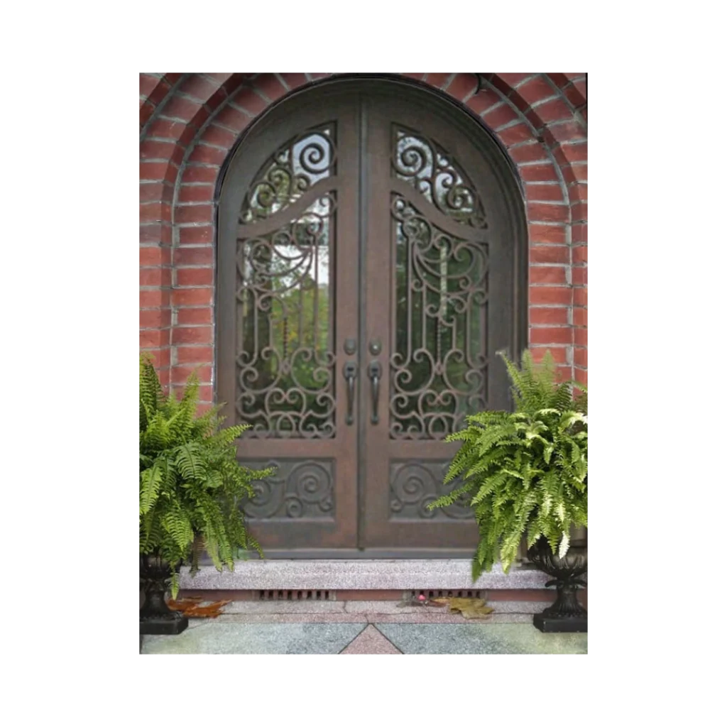 Arched wrought iron double door with decorative scrollwork panels EL1311 MCD