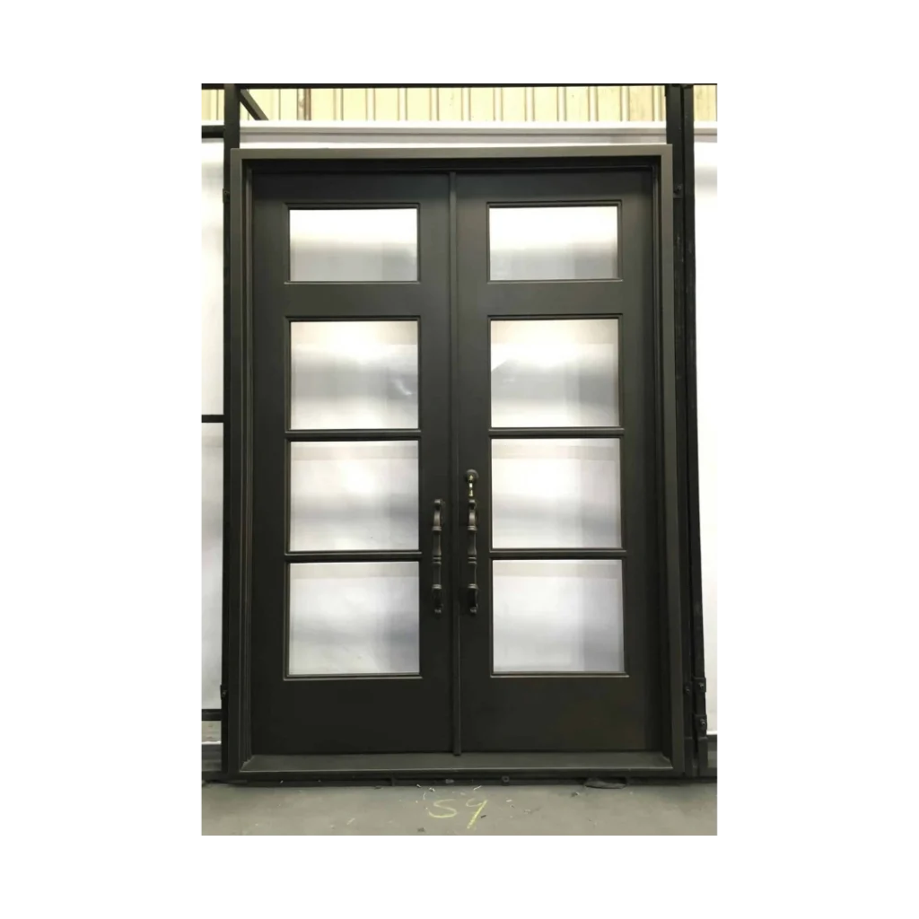 Modern wrought iron double door with frosted glass panels EL1313 MCD