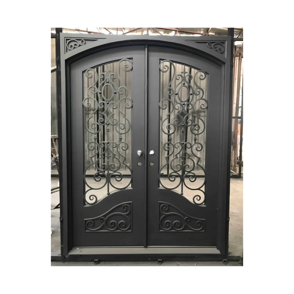 Arched wrought iron double door with decorative scrollwork EL1319 MCD