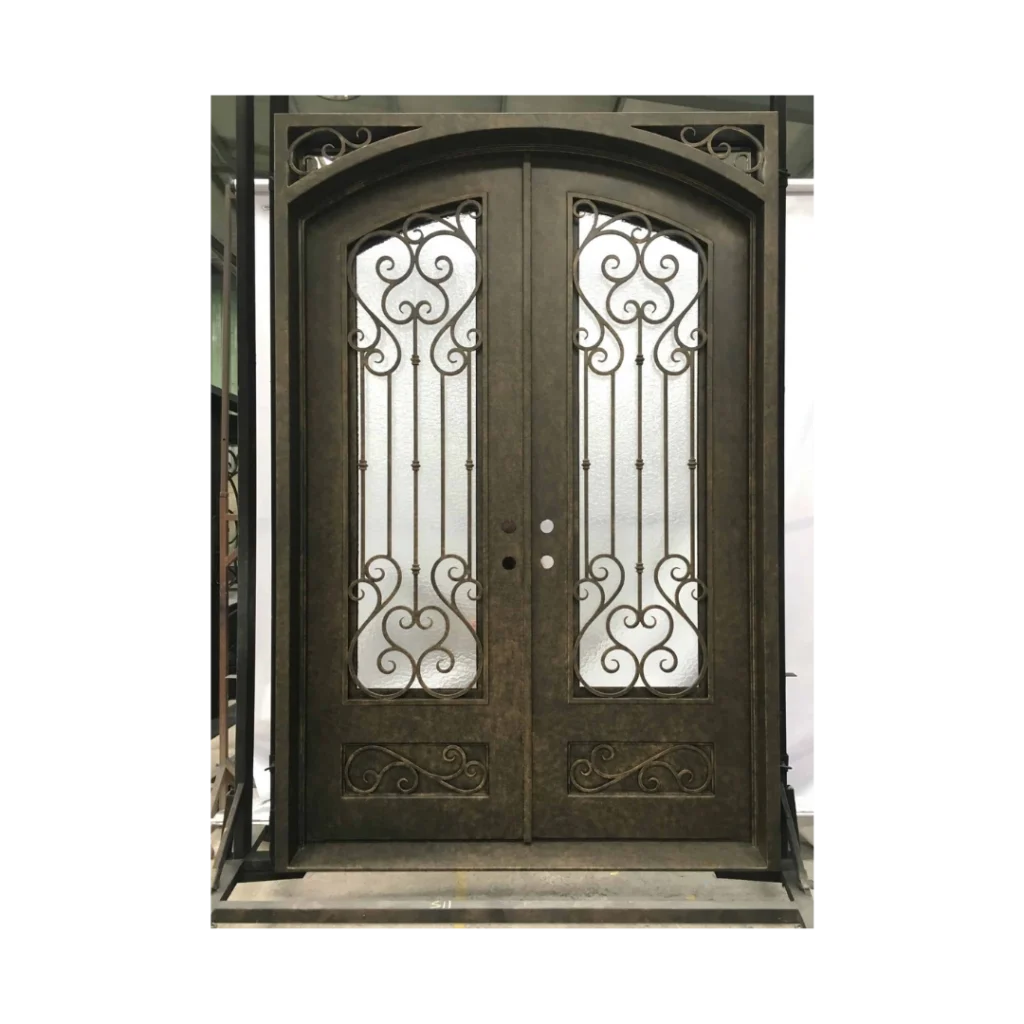 Arched wrought iron double door with classic scrollwork and patina finish – EL1329 MCD