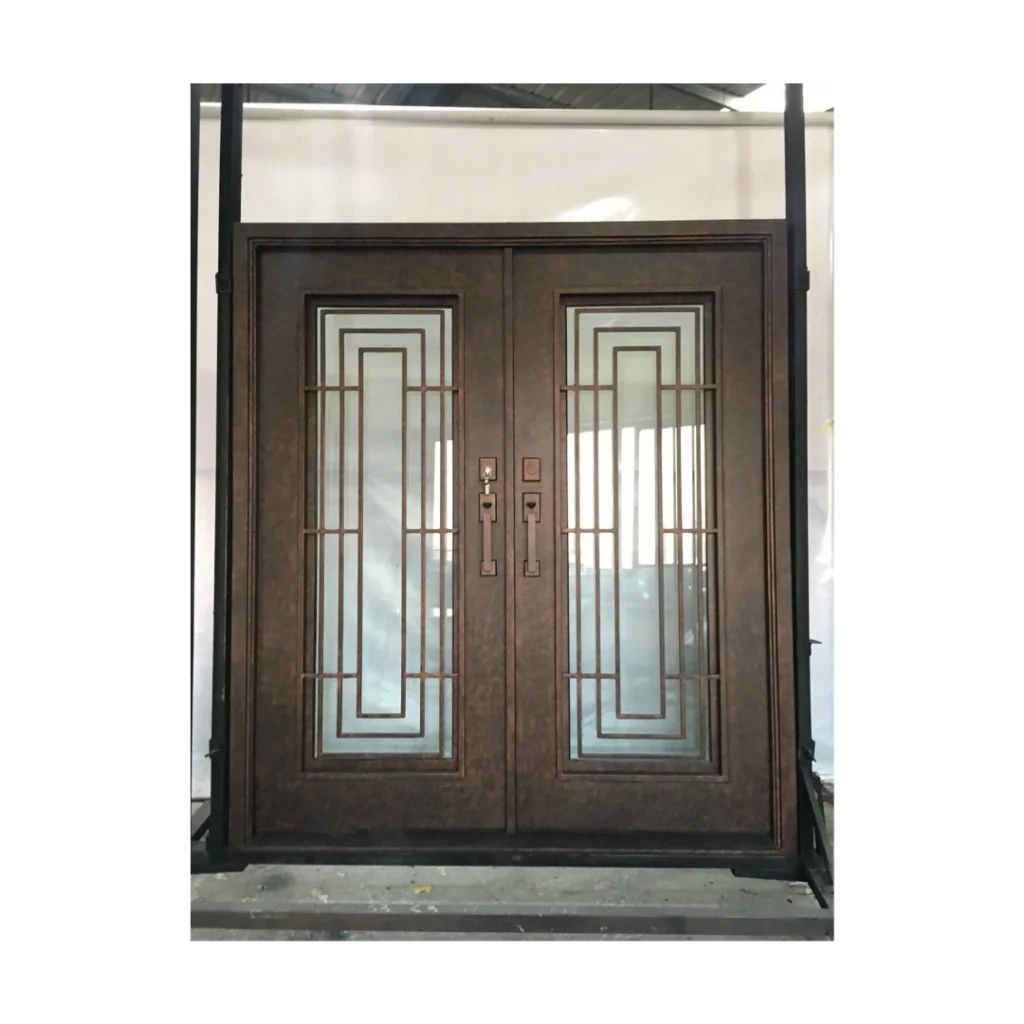 Modern wrought iron double door with linear glass panels and bronze finish – EL1333 MCD