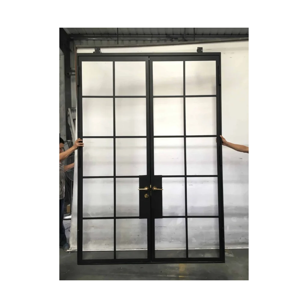 Modern grid glass wrought iron double door with clean black frame – EL1334 MCD