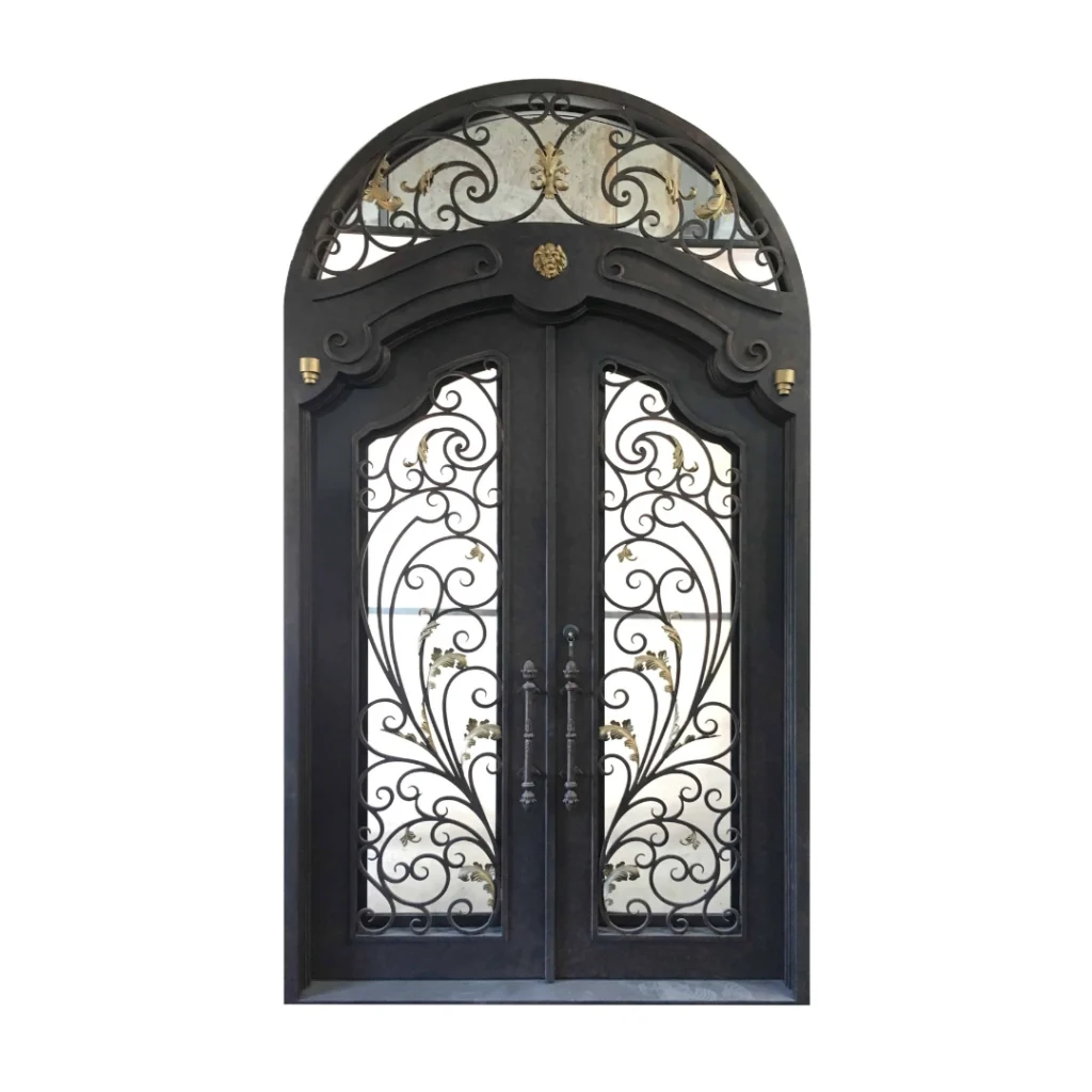 Grand arched wrought iron double door with ornate scrollwork – EL1335 MCD