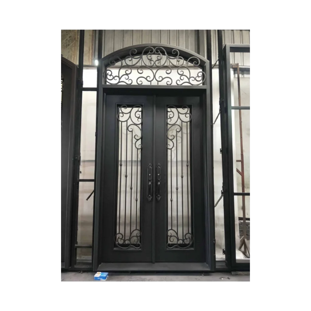 Arched wrought iron double door with vertical scroll panels and clear glass - EL1352 MCD
