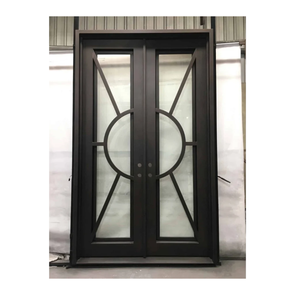 Geometric panel wrought iron double door EL1365 MCD with clear glass and modern iron framework