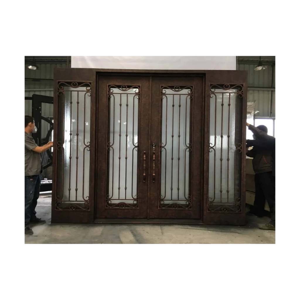 Classic multi-panel wrought iron double door EL1368 MCD with textured glass and handcrafted iron