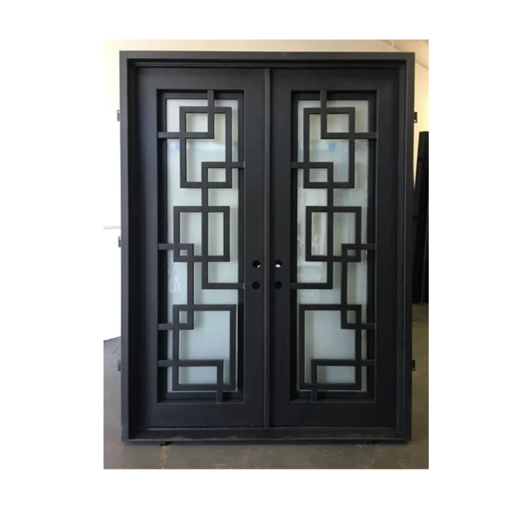 Geometric grid wrought iron double door EL1376 MCD with modern iron pattern and glass